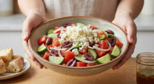 Woman holding a bowl of fresh Standard Greek Salad topped with crumbled feta cheese cubed tomatoes cucumbers and Kalamata olives
