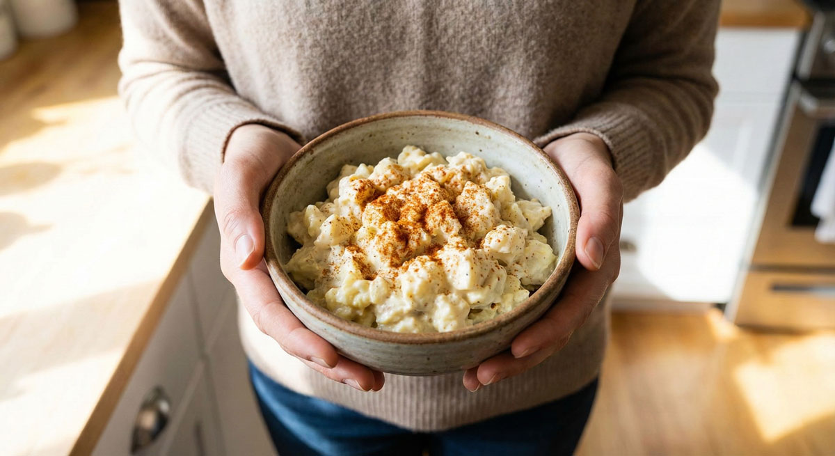 A close-up of a woman's hands holding a rustic ceramic bowl filled with creamy Keto Cauliflower Potato Salad, dusted with paprika, in a sunlit kitchen.