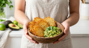 Woman holding a rustic bowl filled with crispy Cheese Chips and Guacamole garnished with fresh cilantro