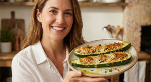A smiling woman holding a ceramic plate with two golden baked Crunchy Pork Rind Zucchini Sticks topped with melted Parmesan cheese and fresh herbs in a rustic kitchen