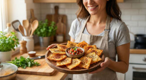 A woman in an apron holds a rustic wooden platter filled with seasoned Flavored Keto Cheese Chips and a bowl of salsa in a kitchen