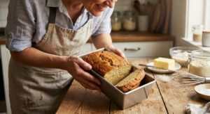 A smiling baker holding a freshly baked loaf of golden brown Keto Bread in a metal loaf pan with a slice cut to show the dense texture in a warm kitchen setting