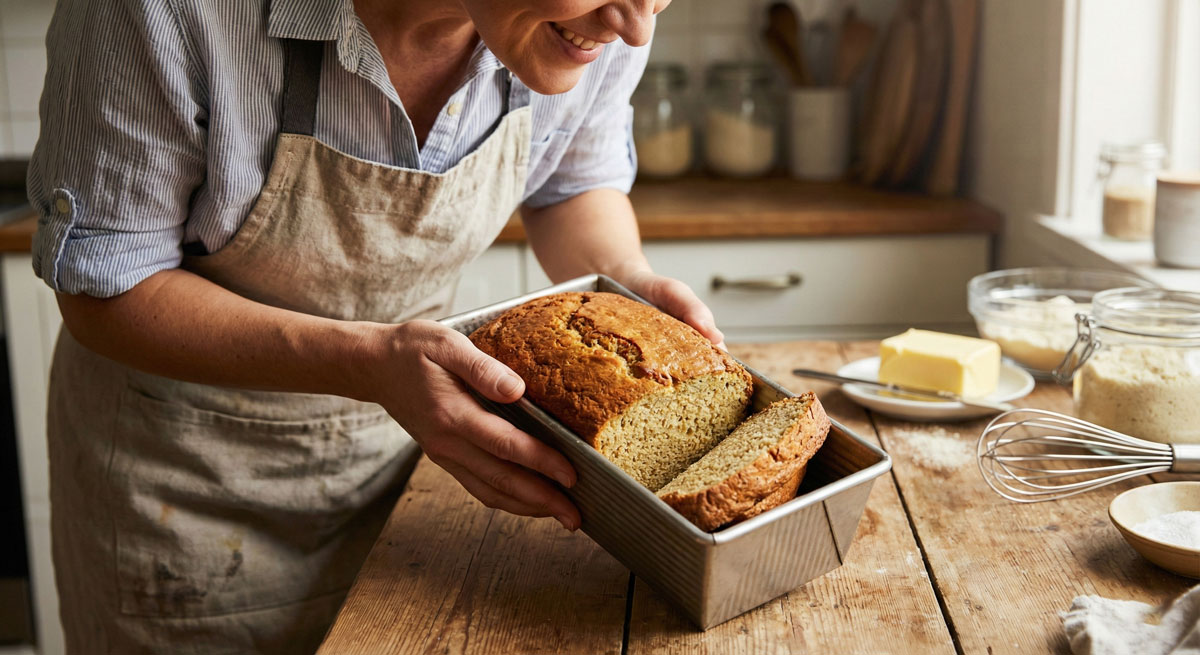 A smiling baker holding a freshly baked loaf of golden-brown Keto Bread in a metal loaf pan, with a slice cut to show the dense texture, in a warm kitchen setting.