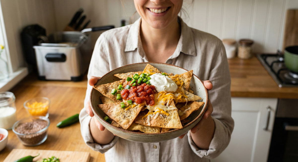 Keto-Tortilla-Chips Woman holding a rustic bowl of crispy Keto Tortilla Chips topped with salsa, melted cheese, sour cream, and jalapeños in a bright kitchen.