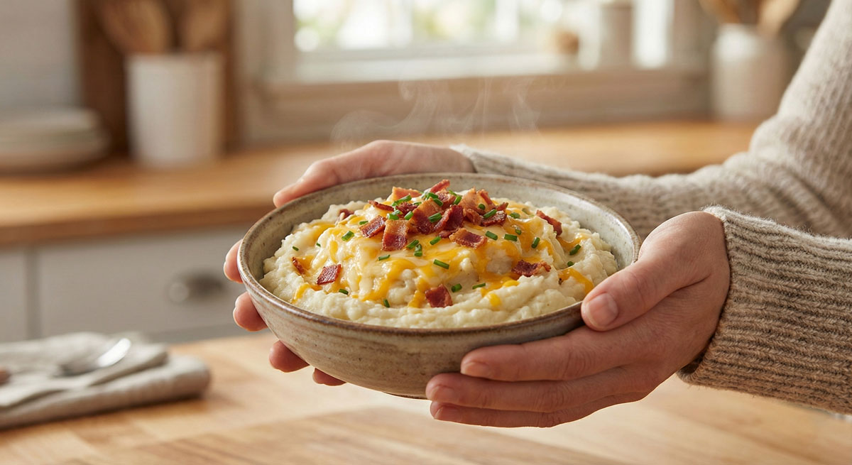 Woman holding a warm bowl of creamy Keto Loaded Cauliflower Mashed Potatoes topped with melted cheese and crispy bacon.
