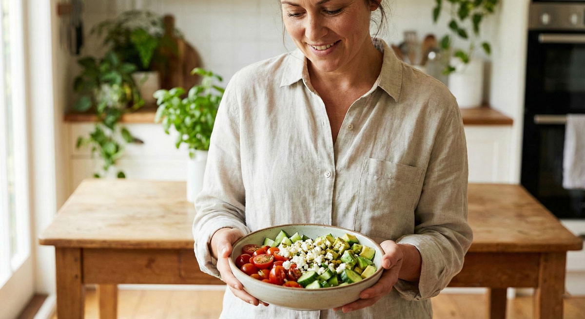 Smiling woman in a rustic kitchen holding a bowl of fresh Tomato, Avocado, and Cucumber Salad topped with feta cheese.