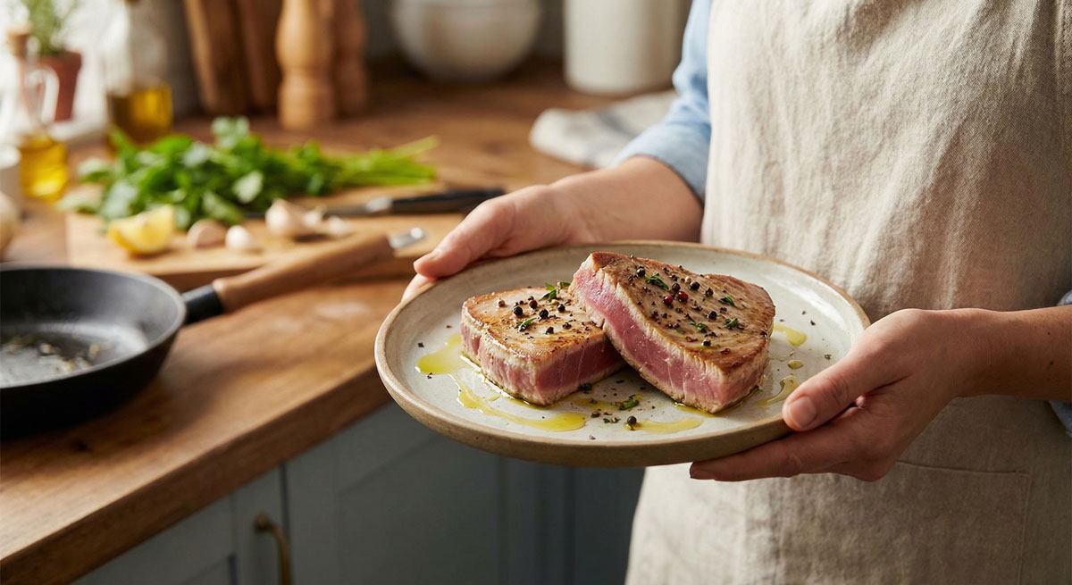 Woman wearing an apron holding a ceramic plate with two perfectly pan-seared Ahi Tuna Steaks, seasoned with paprika and whole peppercorns.