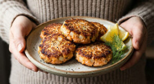 A close up photograph of a womans hands holding a rustic plate filled with four golden brown crispy easy salmon cakes garnished with fresh dill and lemon slices