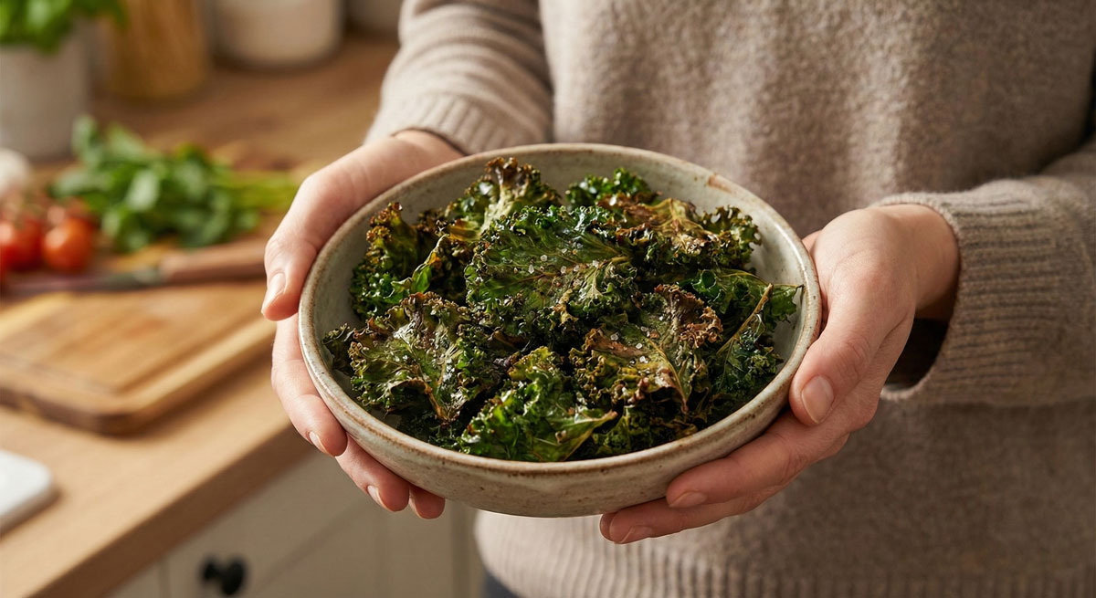 A woman comfortably holding a rustic ceramic bowl filled with homemade Crispy & Delicious Kale Chips, perfectly seasoned and baked to a light brown on the edges in a bright kitchen.