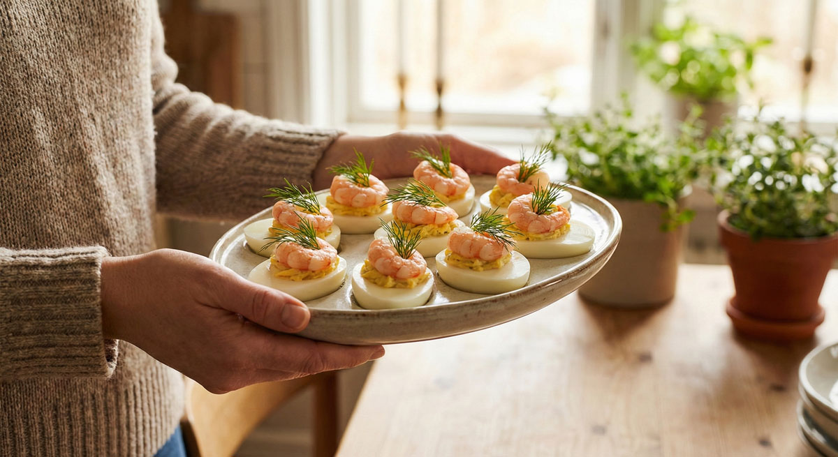 Woman holding a plate of Deviled Egg with Shrimp garnished with fresh dill, ready to serve.