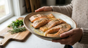 Woman holding a rustic platter of baked Easy Salmon Steaks with Dill seasoned with butter and herbs