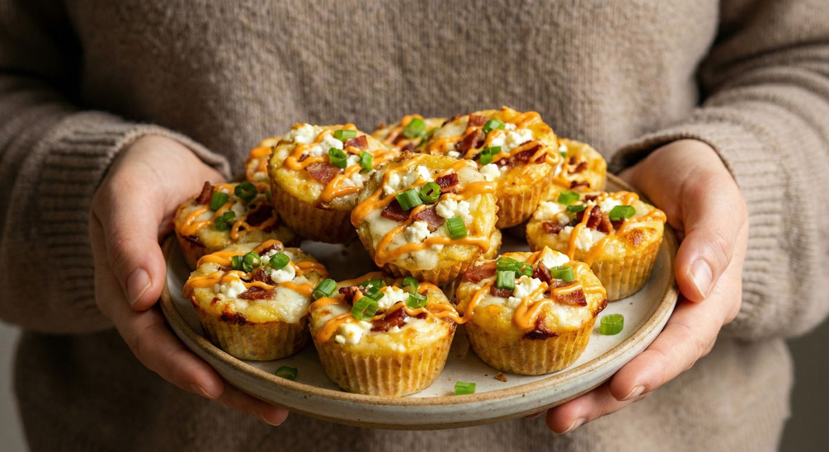 Hands holding a ceramic plate piled with freshly baked Feta and Bacon Bites drizzled with sriracha mayo and topped with green onions.