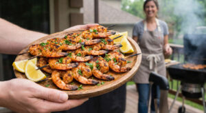 Woman holding a wooden platter of Grilled Spicy Shrimp garnished with fresh lemon wedges and herbs for a healthy seafood dinner