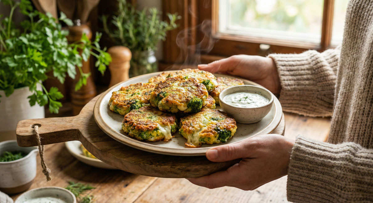 Woman holding a rustic platter of golden-brown low carb broccoli and cheese fritters with creamy dill dipping sauce.