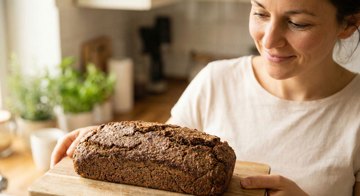 A smiling woman holding a freshly baked loaf of homemade Low Carb Flax Bread on a wooden cutting board in a kitchen.