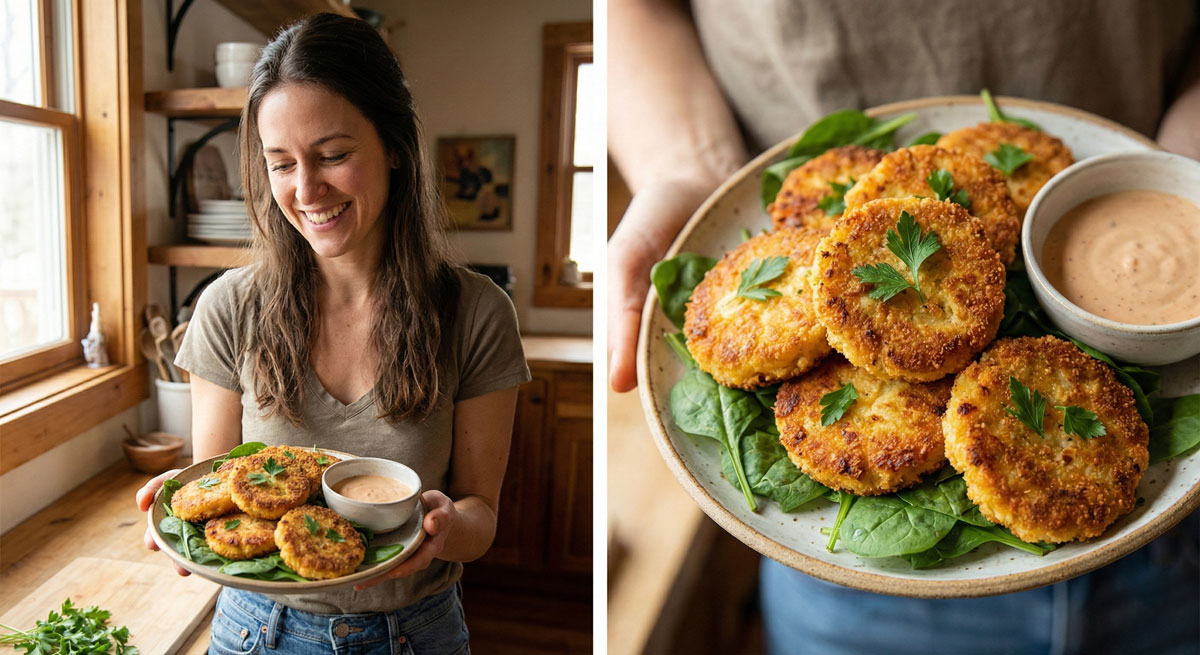 A woman in a rustic kitchen holding a ceramic plate of golden-brown Low Carb Fried Mac & Cheese cauliflower patties served on a bed of fresh spinach.