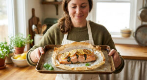 A woman in a cozy kitchen holding a baking tray with fresh Parchment Baked Salmon topped with lemon slices and basil following a professional AIOSEO optimized recipe