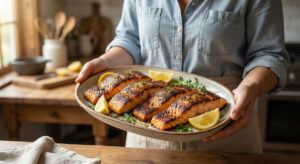 Woman holding a rustic platter of spicy Salmon Blackened Fillets garnished with fresh lemon wedges and herbs in a bright kitchen