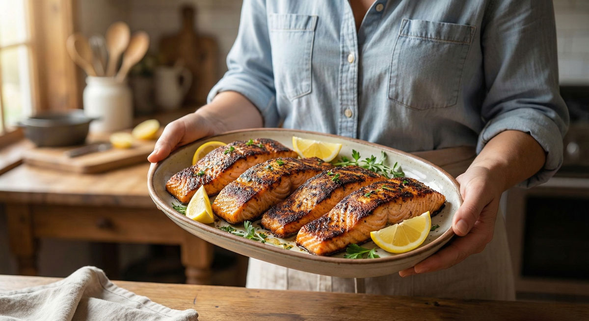 Woman holding a rustic platter of spicy Salmon Blackened Fillets garnished with fresh lemon wedges and herbs in a bright kitchen.