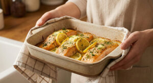 A woman in an apron holds a ceramic baking dish filled with freshly baked Salmon Fillets with Dill and Lemon slices garnished with melted butter and fresh herbs in a warm kitchen setting