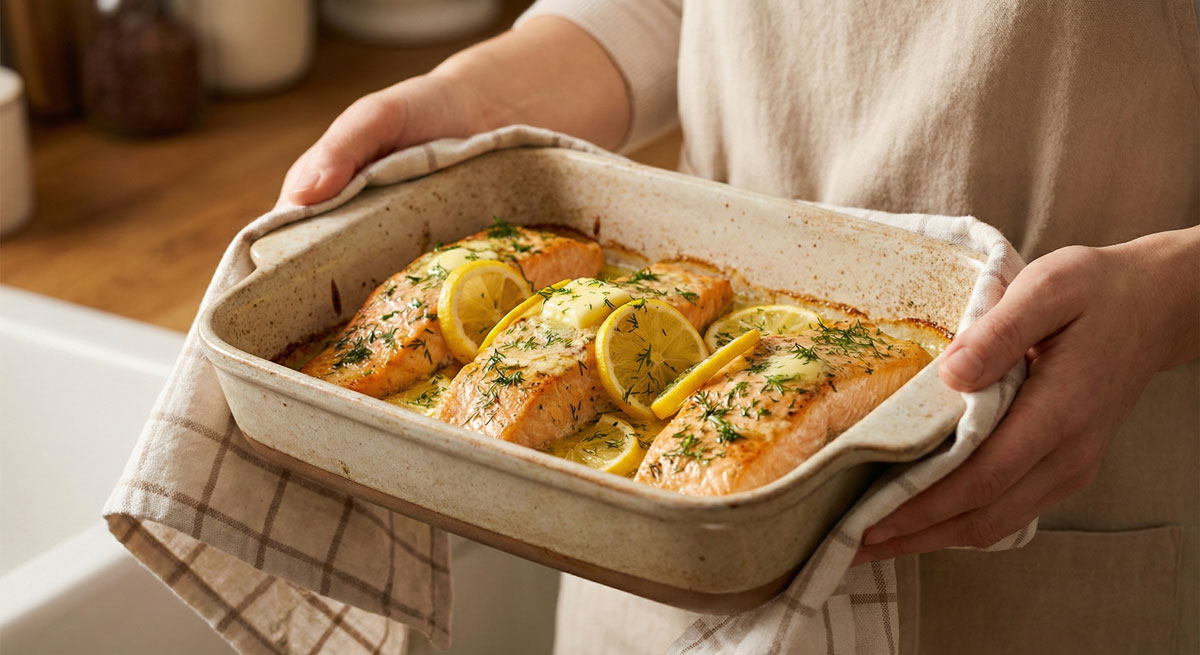 A woman in an apron holds a ceramic baking dish filled with freshly baked Salmon Fillets with Dill and Lemon slices, garnished with melted butter and fresh herbs in a warm kitchen setting.