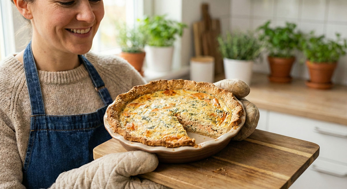 A close-up photograph of a woman in a denim apron holding a freshly baked, golden-brown Salmon Pie with a slice cut out, revealing the creamy salmon and dill filling in a ceramic dish.