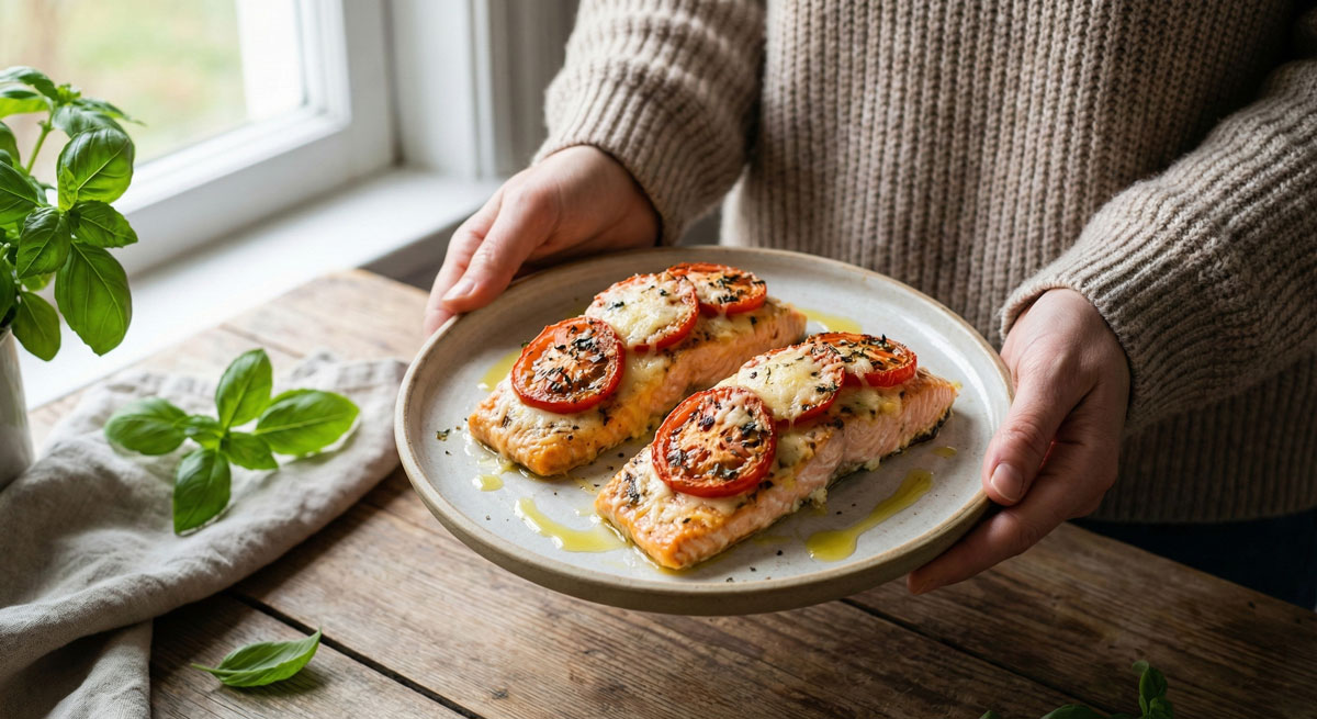 A woman's hands holding a rustic plate featuring the baked Salmon with Tomato and Basil recipe, topped with melted Parmesan cheese and roasted tomato slices.