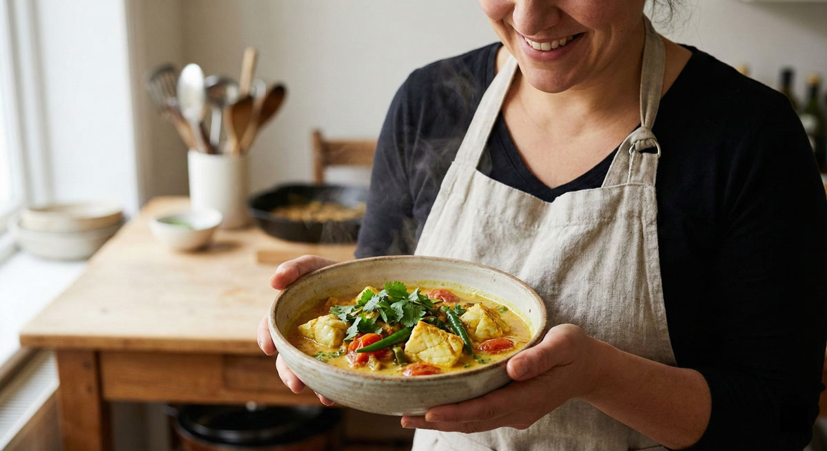 Woman holding a warm bowl of homemade Spiced Fish Curry with cod and coconut milk.