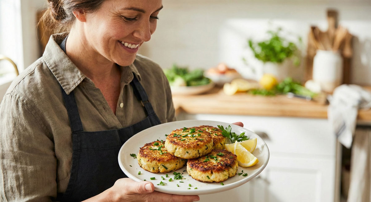 A smiling woman in an apron holding a white plate of golden-brown pan-seared Mahi-Mahi cakes garnished with fresh chives, parsley, and lemon wedges in a bright, modern kitchen.