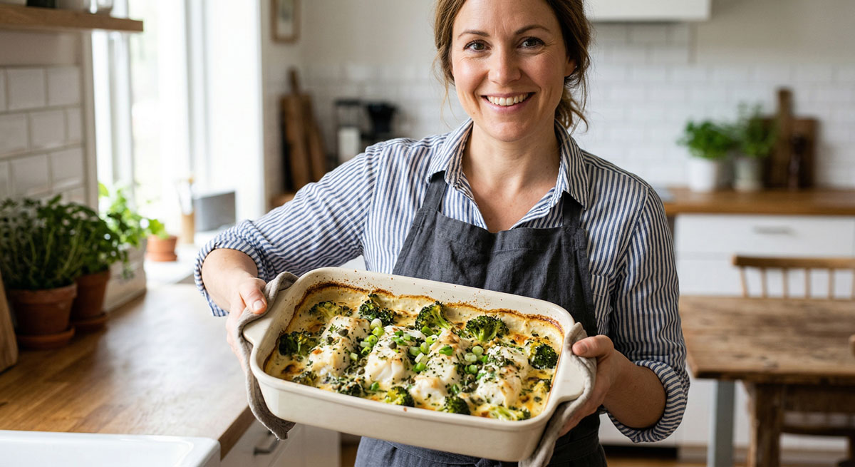 A smiling female chef in an apron presenting a freshly baked ceramic dish of Creamy Keto Fish Casserole with white fish, broccoli florets, and a rich sauce in a bright kitchen.