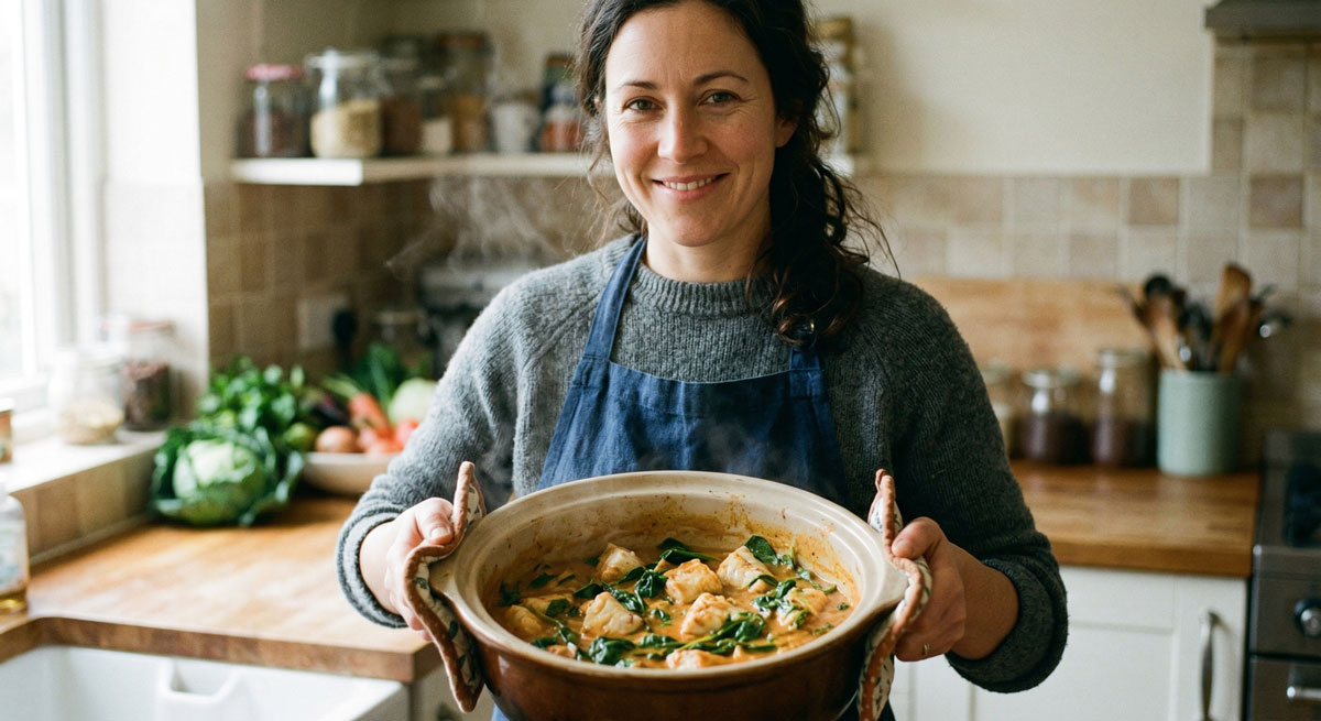 A food blogger presenting a ceramic pot filled with creamy, slow-cooked fish curry with spinach in a rustic kitchen setting.