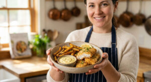 A woman in a cozy home kitchen smiling and holding a rustic bowl of crispy breaded Fish with Tartar Sauce oven baked rutabaga fries and a fresh lemon wedge
