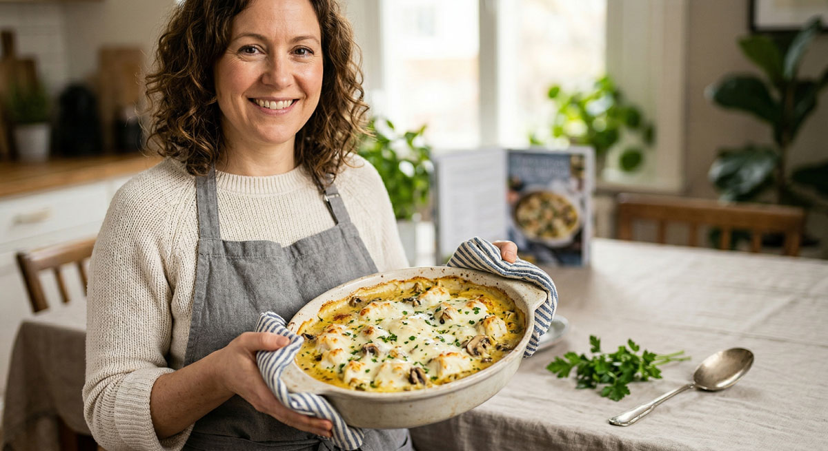 Alt Text: A smiling woman holding a freshly baked Keto Fish Casserole with mushrooms and cheese in an oval ceramic baking dish.
