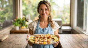 A smiling woman in a blue apron holding a platter of grilled Keto Maui Wowie Shrimp skewers garnished with lemon slices outdoors