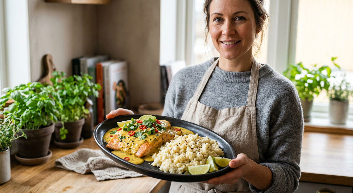 A smiling woman in an apron holding a black serving platter with Keto Thai Fish, featuring baked salmon covered in a rich coconut curry sauce, served next to a portion of coarse mashed cauliflower in a bright kitchen.