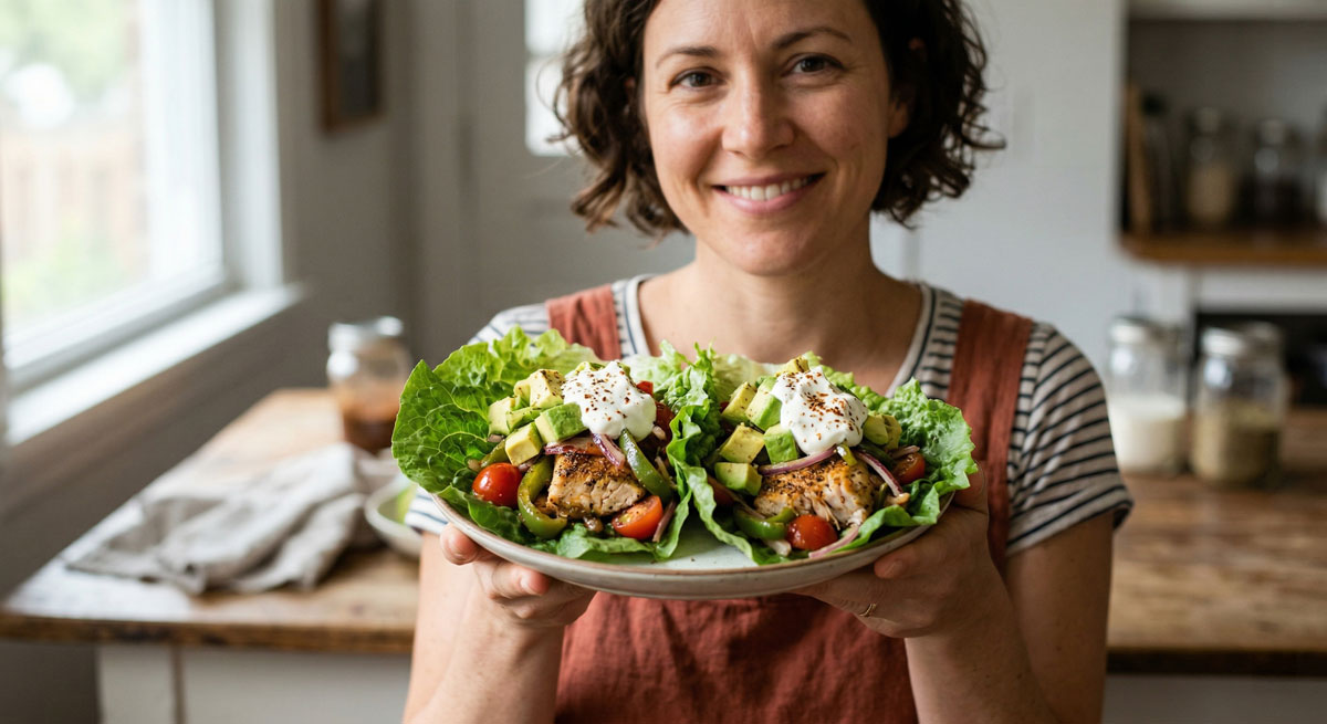 A smiling woman holding a plate of two fresh Mahi-Mahi Taco Wraps in lettuce cups, topped with diced avocado, tomatoes, and sour cream.