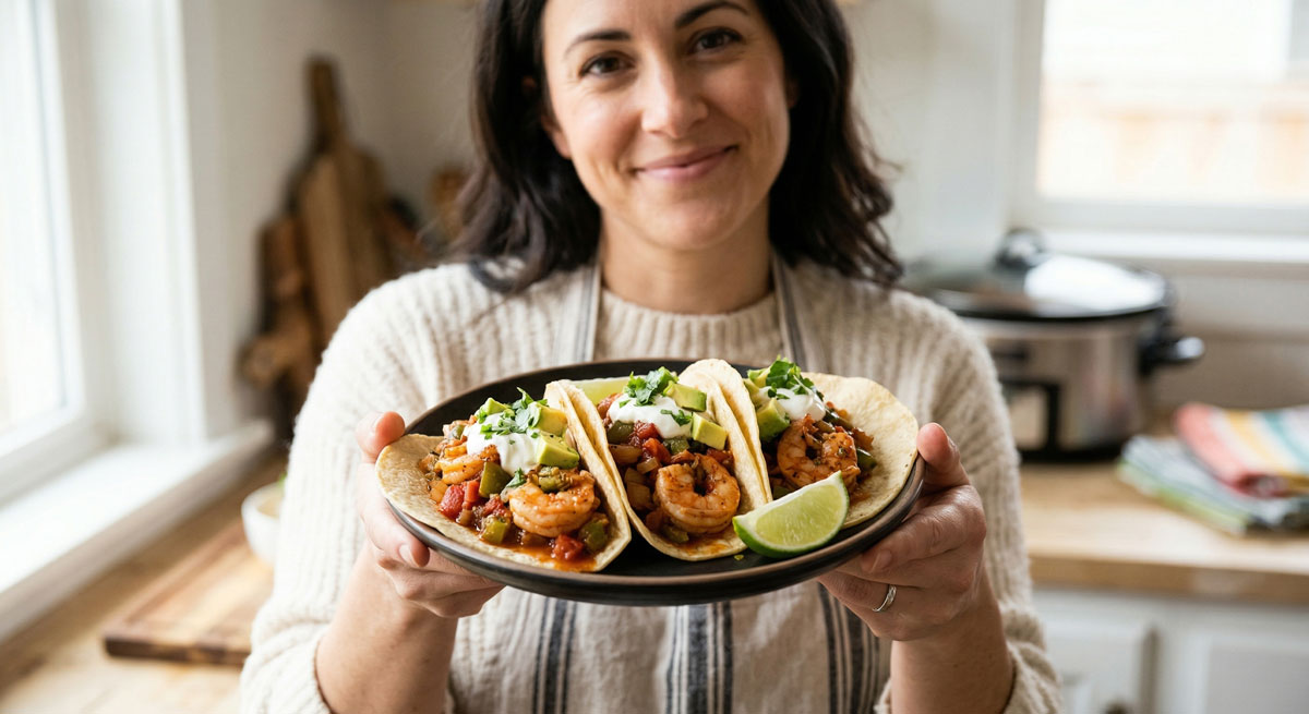A smiling woman in an apron proudly holds a plate of three loaded Shrimp Tacos, garnished with avocado, cilantro, and sour cream, against a cozy kitchen background.