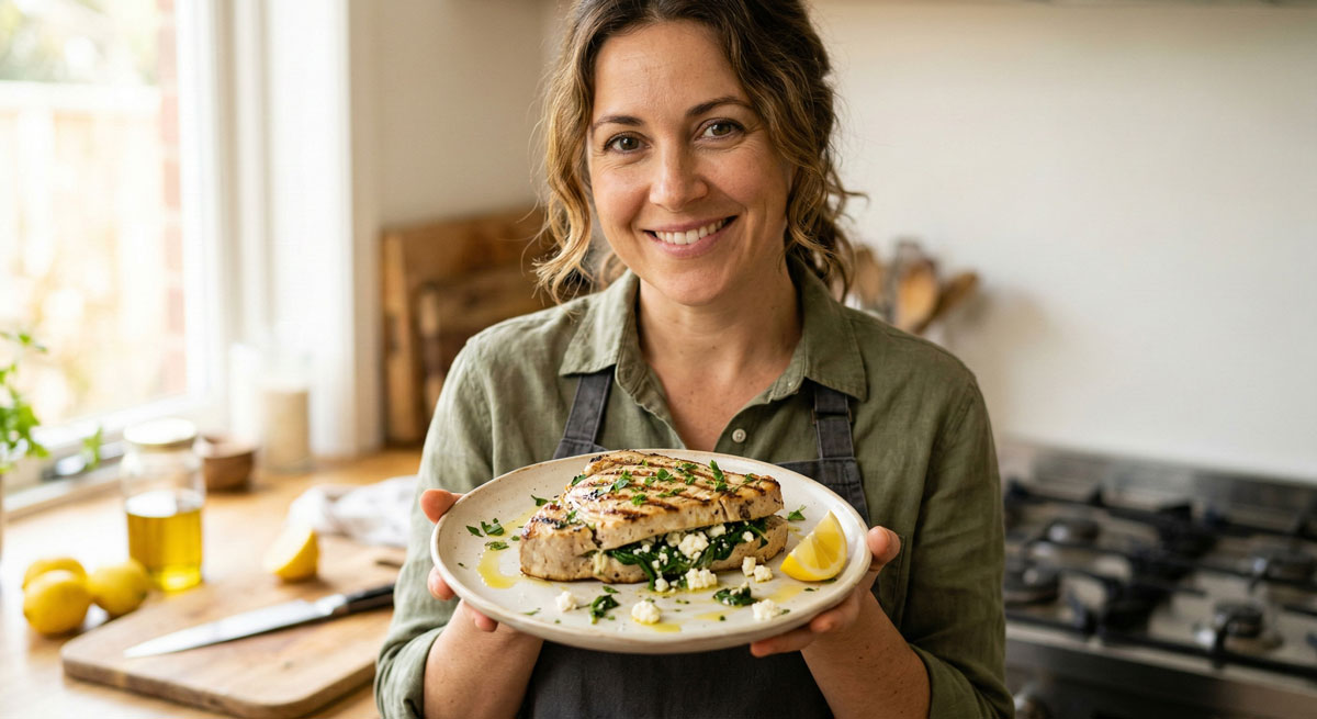 A smiling woman in a bright kitchen holding a plate of grilled Stuffed Mediterranean Swordfish filled with sautéed spinach and crumbled feta cheese.