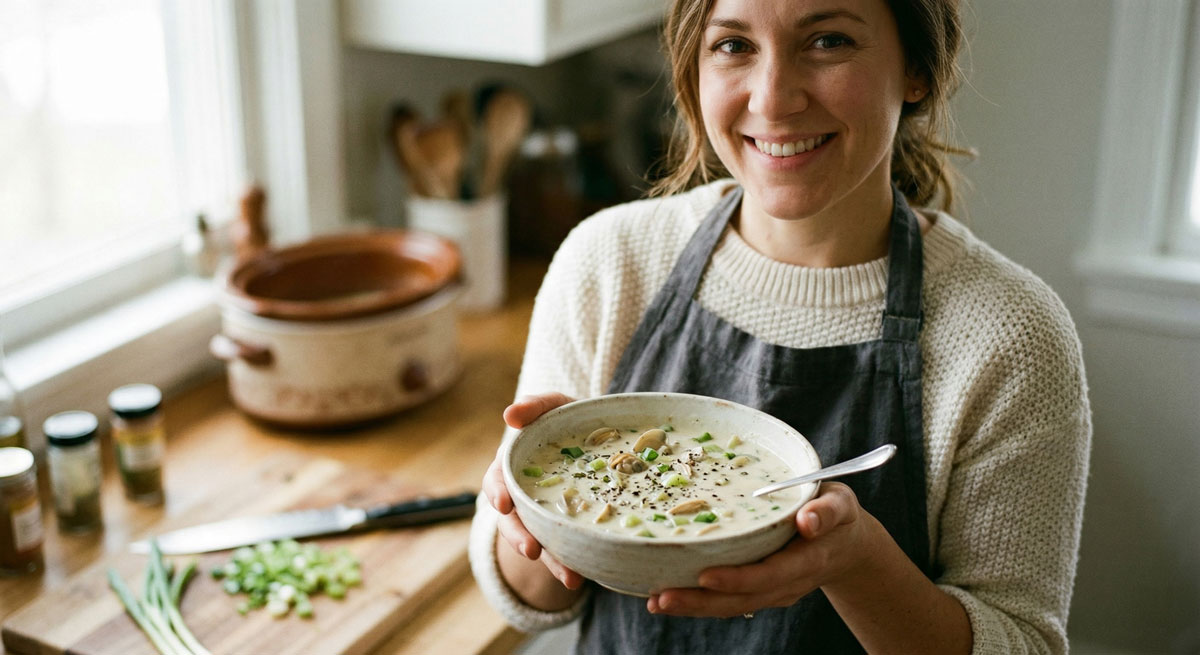 A smiling woman in an apron and sweater holds a rustic bowl of creamy Clam Chowder in a kitchen setting, with a slow cooker and prepped ingredients visible in the background.