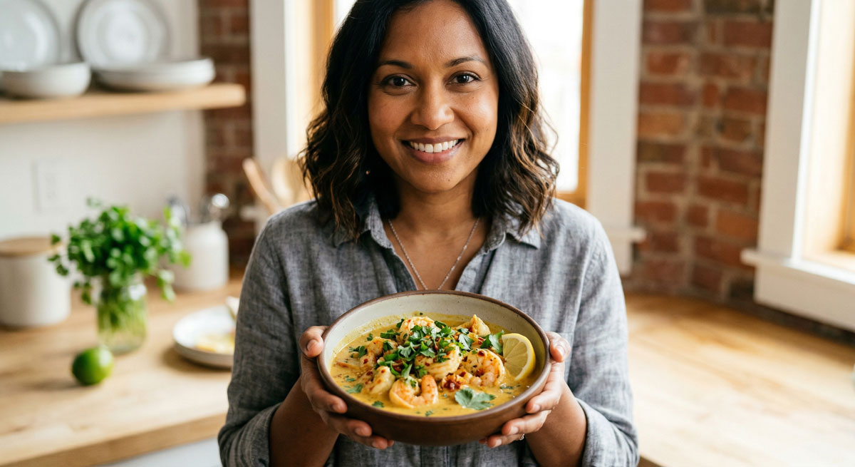 A woman in a sunlit kitchen holding a ceramic bowl of creamy Coconut Cilantro Curry Shrimp garnished with fresh herbs and lemon.