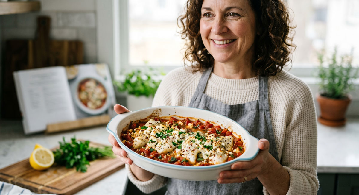 A food blogger holding a ceramic baking dish filled with freshly baked Tilapia Casserole, featuring flaky fish, a tomato-basil sauce, and melted feta cheese garnish, in a bright home kitchen setting.