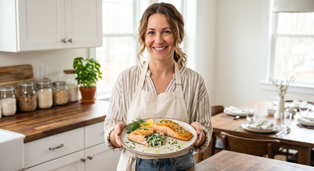A smiling female chef in a white apron holding a plate of golden-brown pan-seared Entertaining Salmon fillets stuffed with a creamy spinach and cheese filling, garnished with fresh dill and a lemon wedge in a bright modern kitchen.