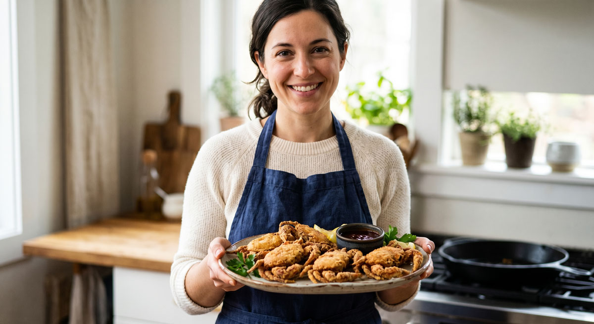 A smiling woman wearing an apron holds a platter piled with golden-brown fried soft-shell crabs in a kitchen setting.