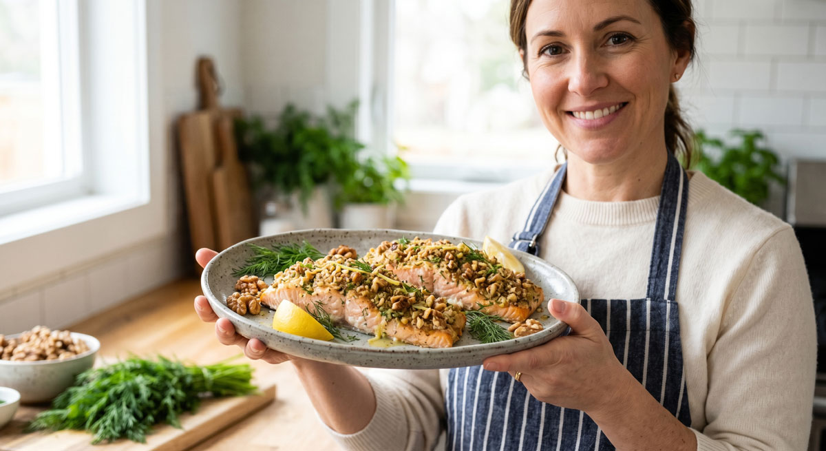A smiling female chef in a striped apron holds a platter of freshly baked Walnut Crusted Salmon garnished with lemon wedges and dill in a bright modern kitchen.