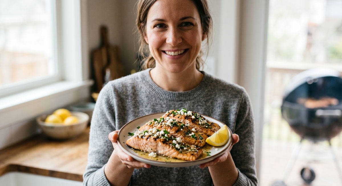 A friendly food blogger smiling and holding a plate of the finished "Insanely Simple Grilled Salmon with Feta" dish, showing the grilled fillets topped with crumbled feta cheese and lemon.