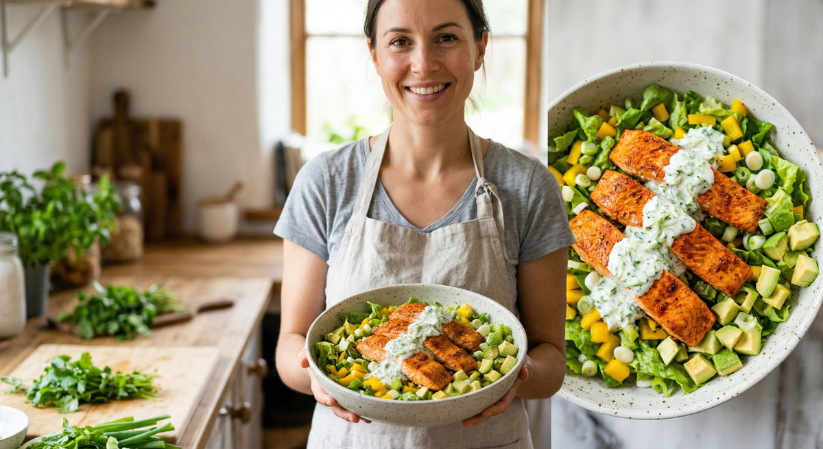 A female chef in an apron holds a bowl of Keto Salmon Tandoori over a vibrant avocado salad, topped with creamy cucumber sauce, with a detailed closeup view inset showing the flaky salmon texture.
