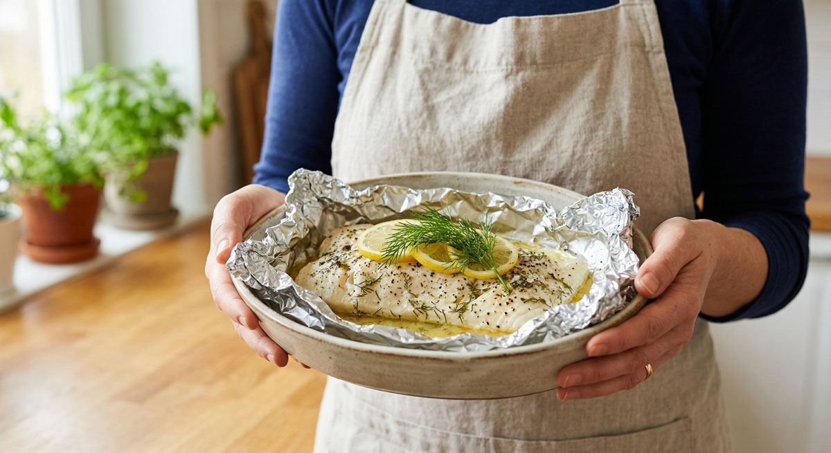 A woman in a linen apron holding a ceramic dish featuring a flaky Lemon Dill Halibut fillet cooked in foil, garnished with fresh lemon slices and sprigs of dill.