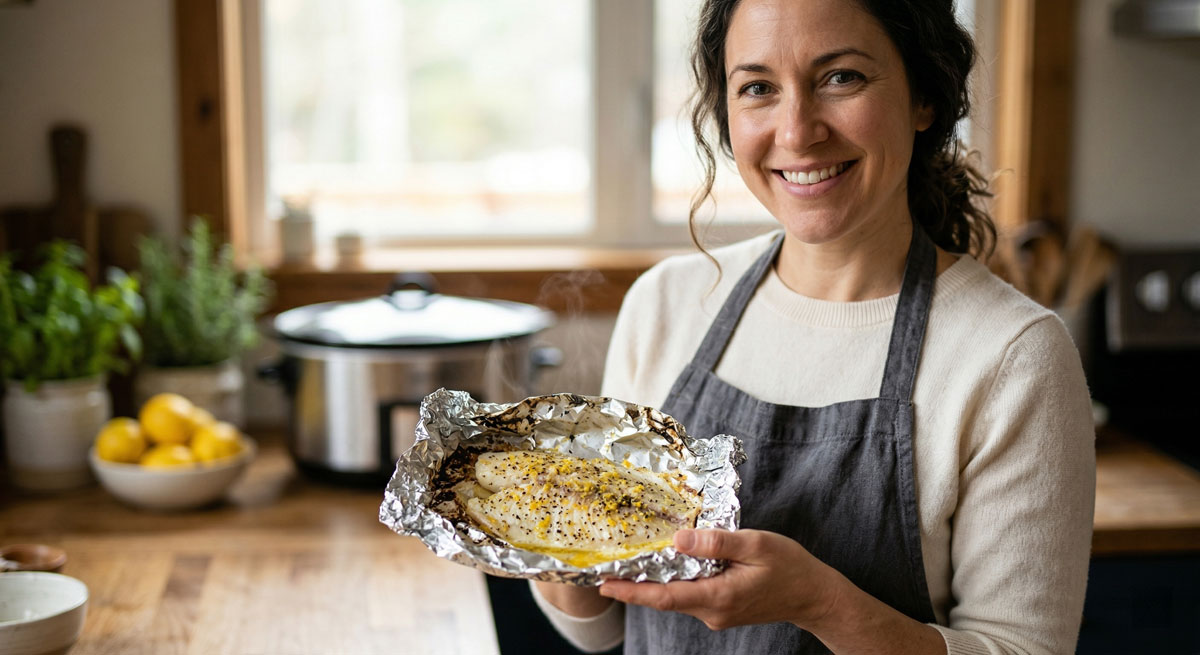 A smiling woman wearing an apron holds an opened aluminum foil packet containing a perfectly cooked, flaky Lemon Pepper Tilapia fillet sprinkled with fresh seasoning in a warm home kitchen setting with a slow cooker in the background.
