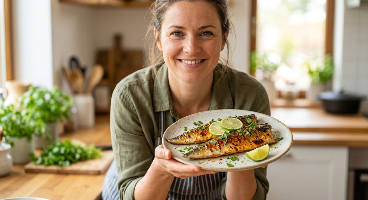 A smiling chef in a bright kitchen holding a plate of zesty oven-baked Lime Mackerel fillets garnished with fresh lime slices and herbs.