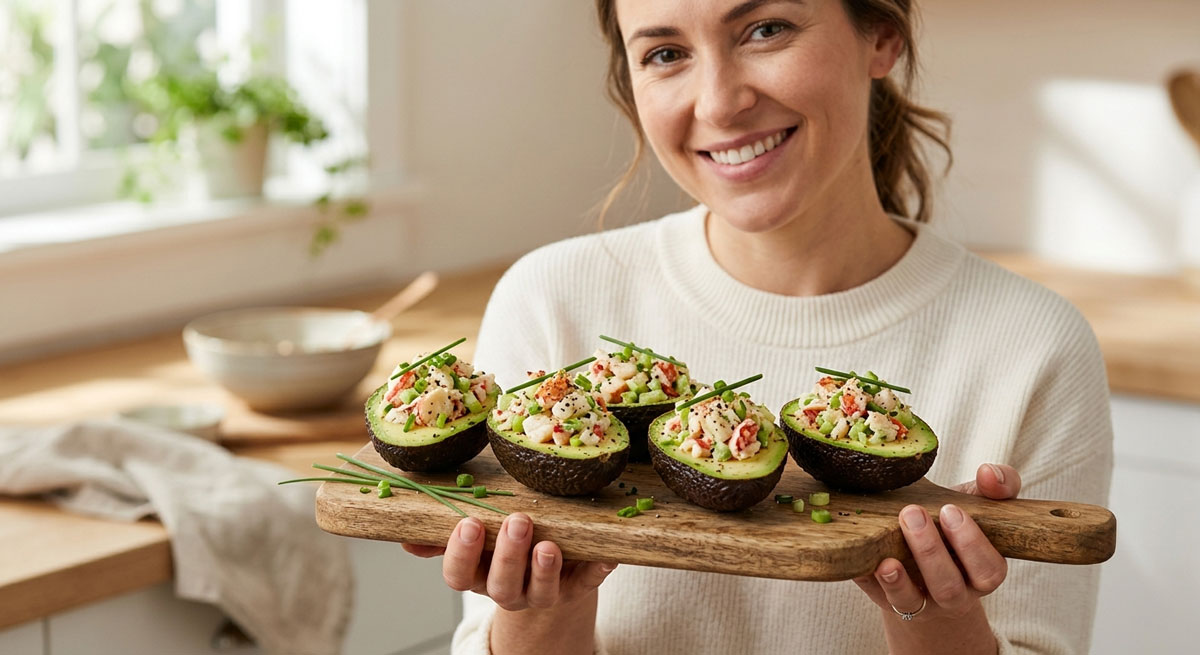 A smiling woman in a white sweater holds a wooden serving board presenting four Lobster Stuffed Avocado halves filled with a creamy lobster salad and garnished with fresh chives.